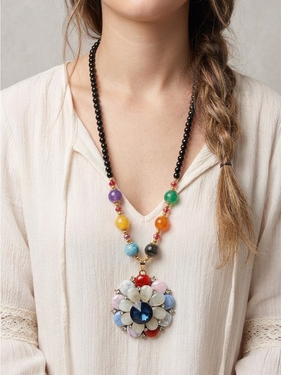 Fashion Jewelry Jewelry - Boho Floral Medallion Necklace | Rainbow Beaded Hippie Statement Pendant